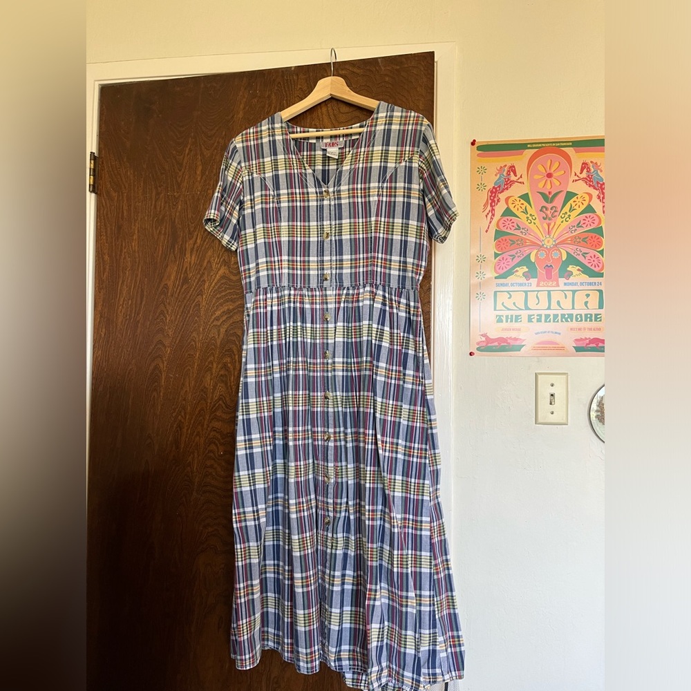 Vintage plaid midi dress with white stitching